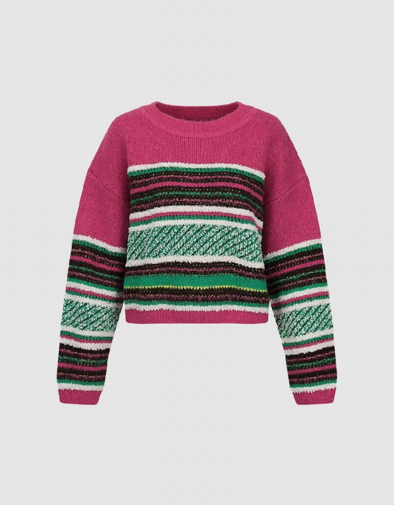 Pink Green Women's Urban Revivo Striped Crew Neck Sweaters | PSC5399FT