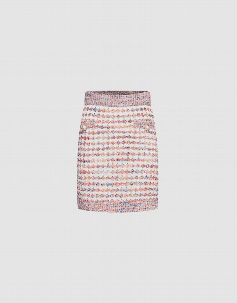 Pink White Women\'s Urban Revivo Contrast Trim Colorful Tweed Knitted Skirts | XGF6911JN