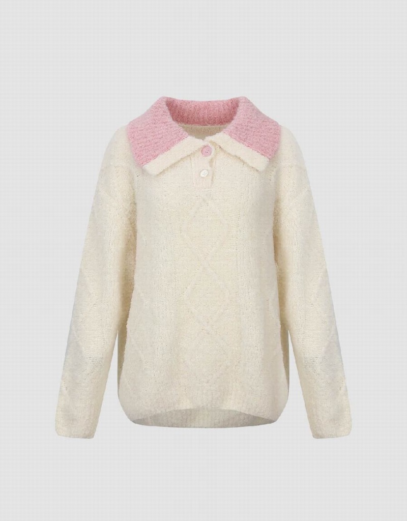 Pink White Women's Urban Revivo Sailor Collar Neck Knitted Cardigan | KIH367BF