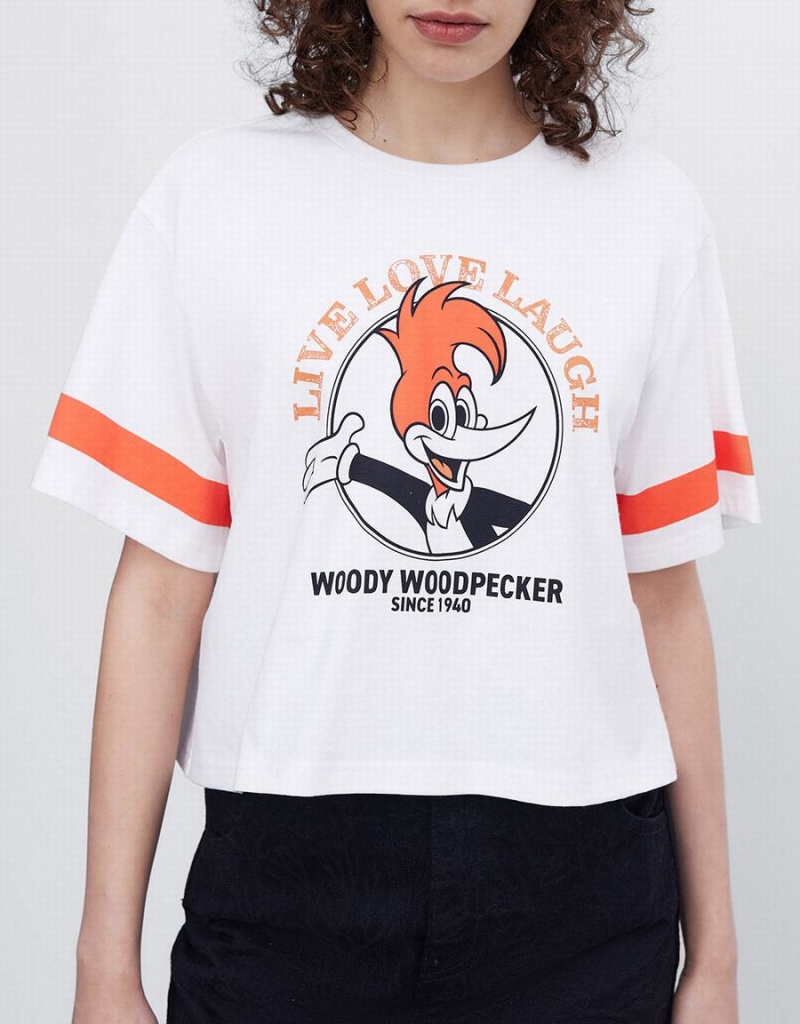 Pink White Women's Urban Revivo Woody Woodpecker Crop T Shirts | DXF9951JU