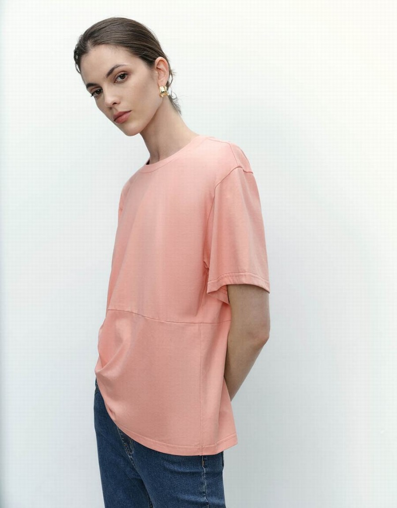 Pink Women's Urban Revivo Asymmetric Crew Neck T Shirts | FZP1686XD