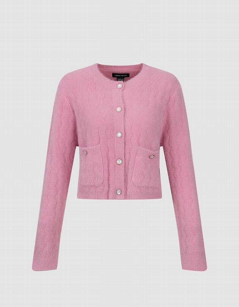 Pink Women's Urban Revivo Button Up Crew Neck Knitted Cardigan | XMD4740YO