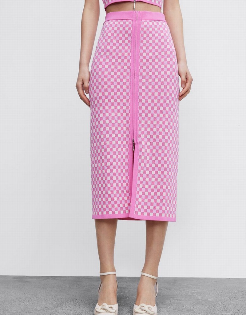 Pink Women's Urban Revivo Checkered Midi Straight Knitted Skirts | RJB5513TE