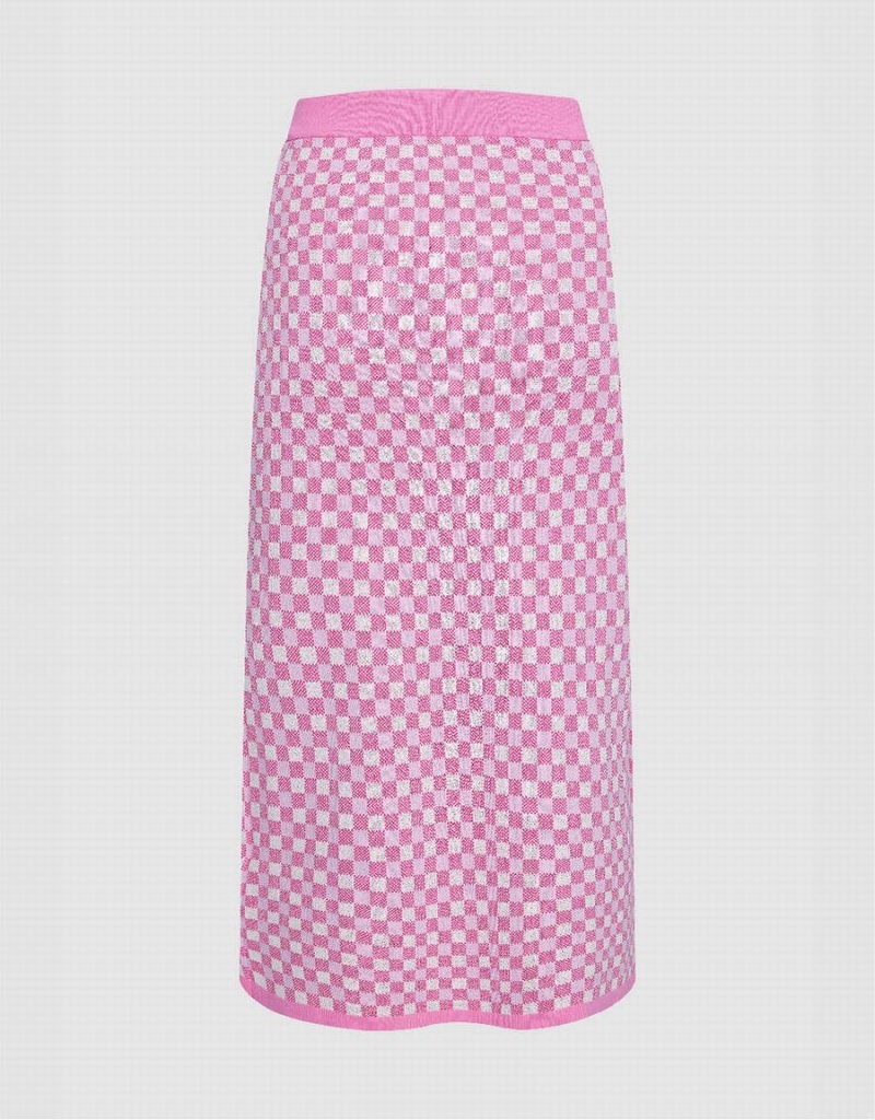 Pink Women's Urban Revivo Checkered Midi Straight Knitted Skirts | RJB5513TE