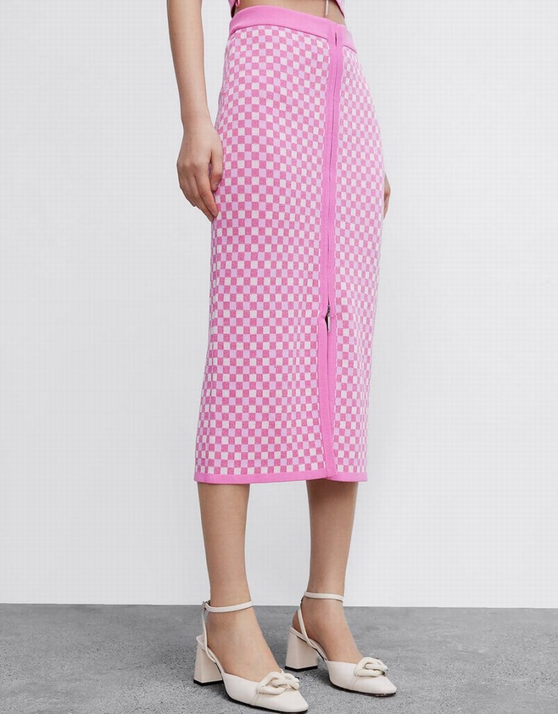 Pink Women's Urban Revivo Checkered Midi Straight Knitted Skirts | RJB5513TE