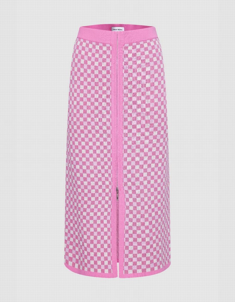 Pink Women\'s Urban Revivo Checkered Midi Straight Knitted Skirts | RJB5513TE