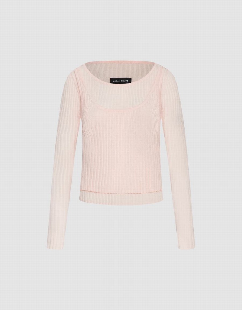 Pink Women's Urban Revivo Crew Neck Knitted Cardigan | YDL5152VR