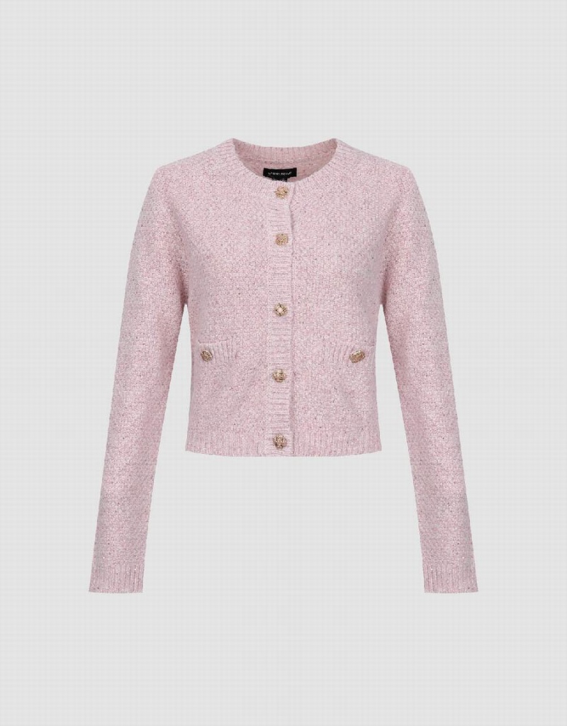 Pink Women's Urban Revivo Crew Neck Knitted With Fake Pockets Cardigan | HVQ6958NX