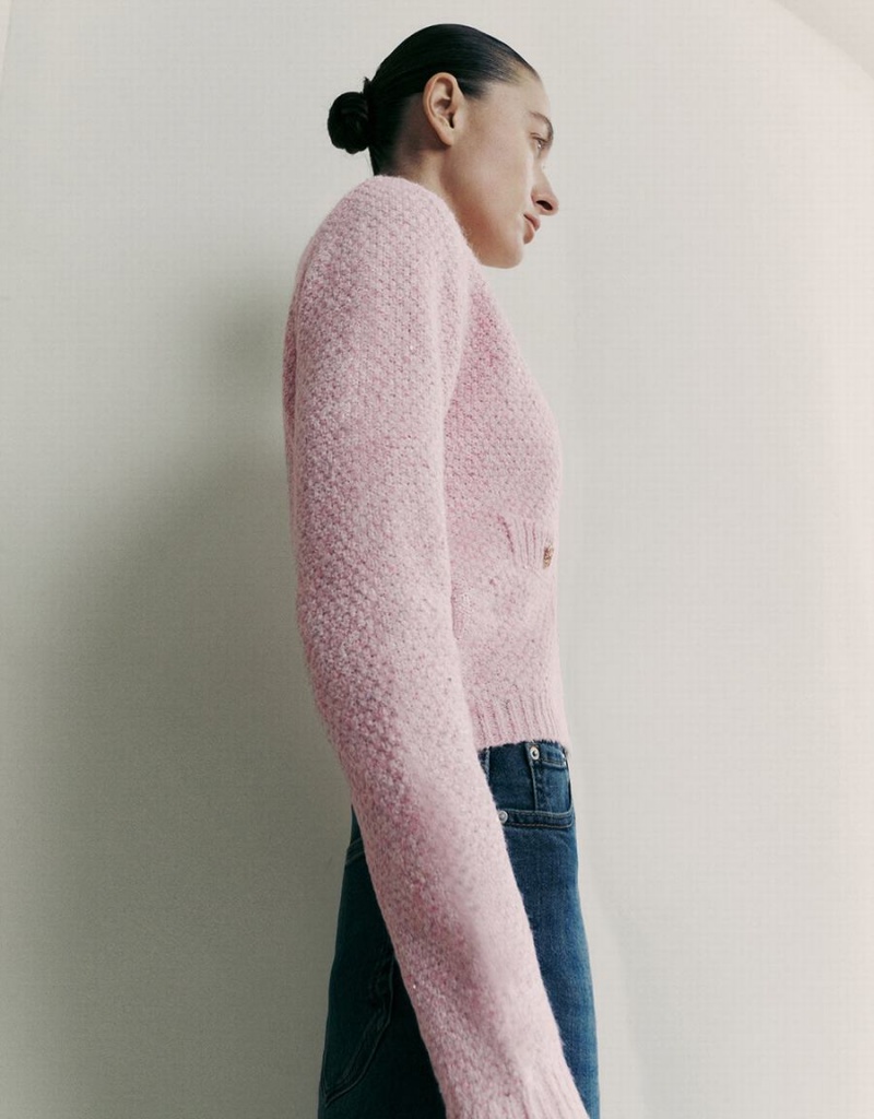 Pink Women's Urban Revivo Crew Neck Knitted With Fake Pockets Cardigan | HVQ6958NX