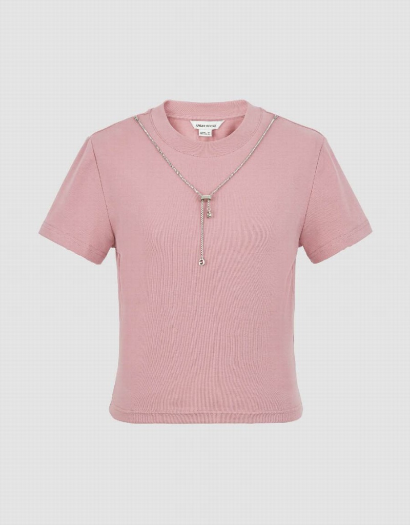 Pink Women's Urban Revivo Crew Neck Skinny With Necklace T Shirts | SIV3949RD