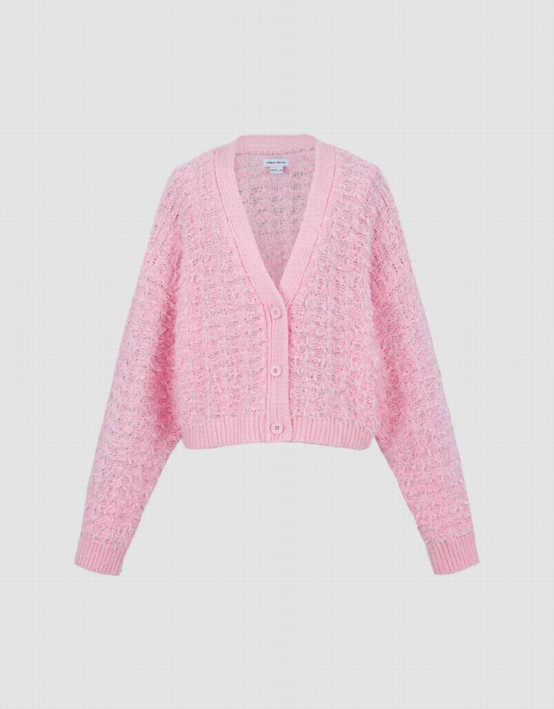 Pink Women's Urban Revivo Drop Shoulder Sleeve V-Neck Knitted Cardigan | THI7745YU