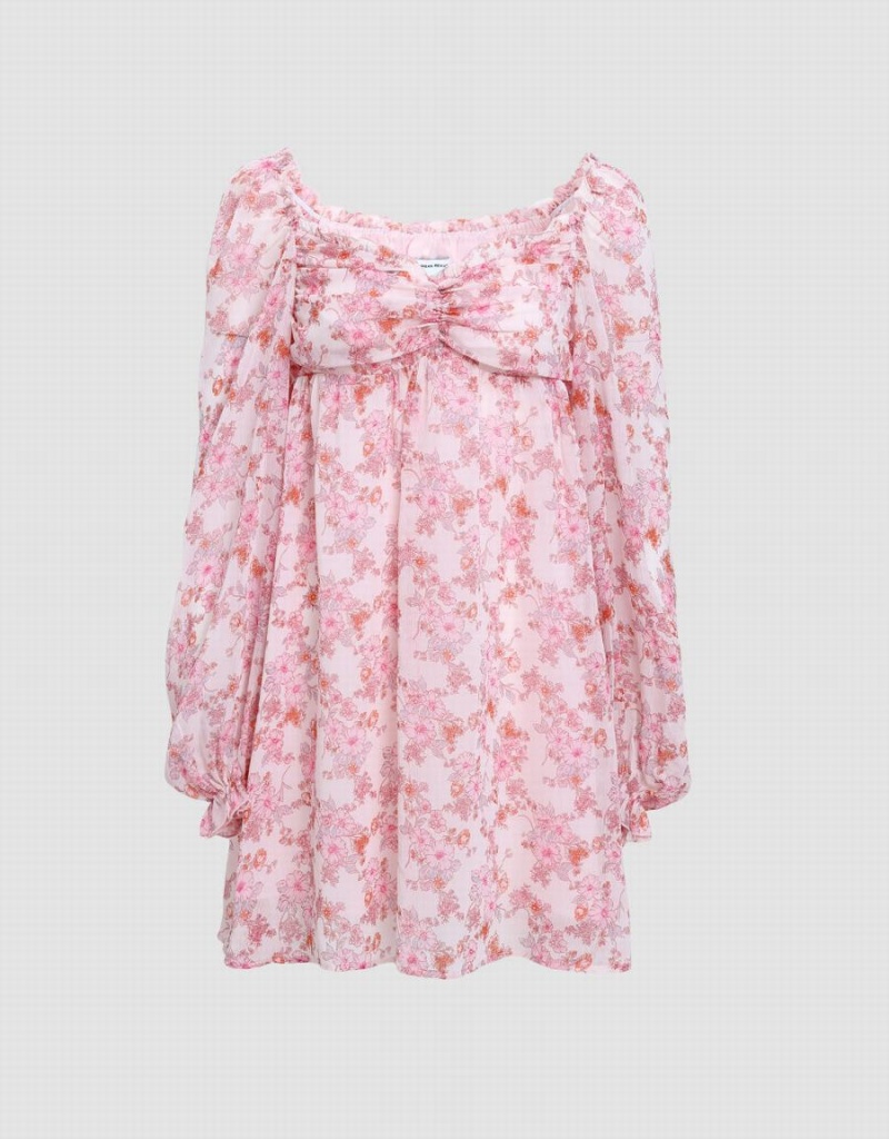 Pink Women's Urban Revivo Floral Square-cut Collar Dress | MMT8754YO