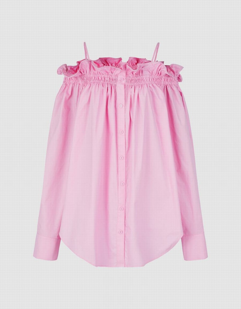 Pink Women's Urban Revivo Frill Trim Off-Shoulder Shirts | WVQ83QW