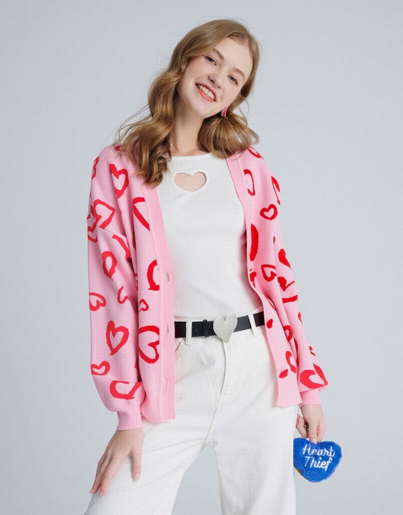 Pink Women's Urban Revivo Heart Pattern Jacquard Button Up Oversized Cardigan | YMT5150XP