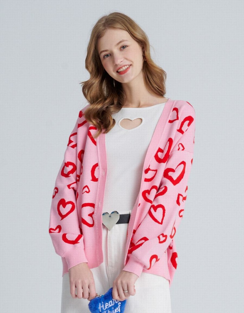 Pink Women's Urban Revivo Heart Pattern Jacquard Button Up Oversized Cardigan | YMT5150XP