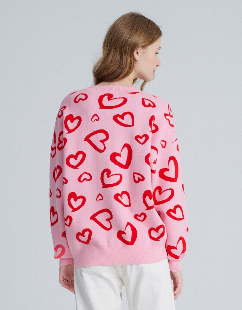 Pink Women's Urban Revivo Heart Pattern Jacquard Button Up Oversized Cardigan | YMT5150XP