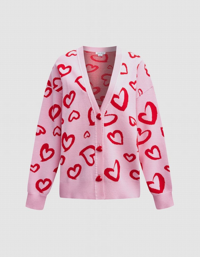 Pink Women\'s Urban Revivo Heart Pattern Jacquard Button Up Oversized Cardigan | YMT5150XP