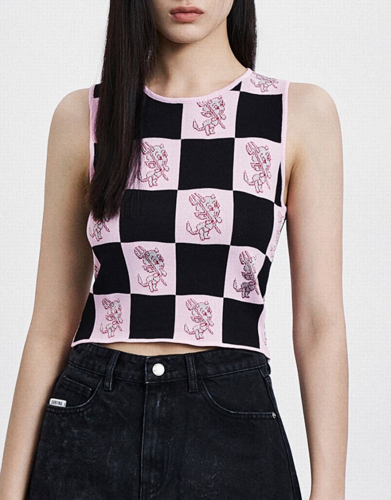 Pink Women's Urban Revivo Hot Stuff Checkered Knitted Tank Top | VBY9868VE