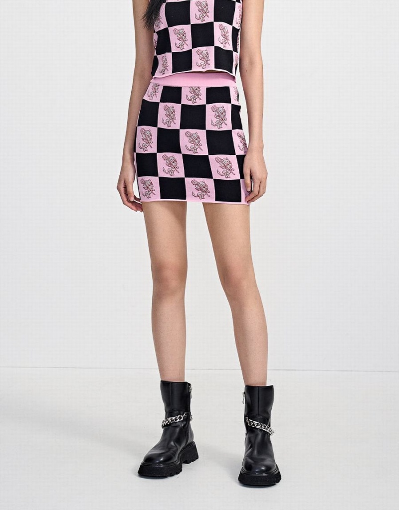 Pink Women's Urban Revivo Hot Stuff Checkered Knitted Skirts | UAT1146TM