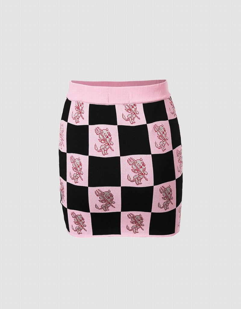 Pink Women's Urban Revivo Hot Stuff Checkered Knitted Skirts | UAT1146TM