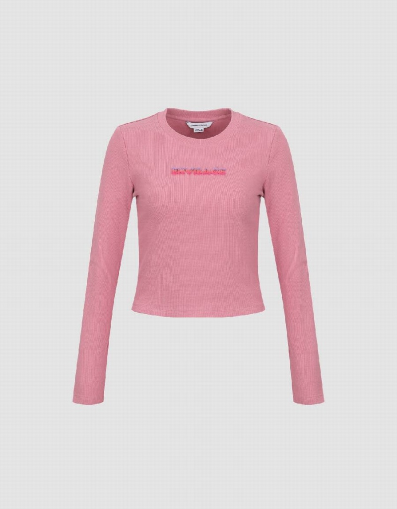 Pink Women's Urban Revivo Letter Embossed Crew Neck Knitted T Shirts | YRH6957HX