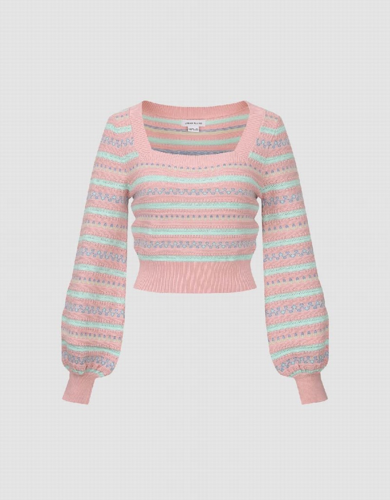 Pink Women's Urban Revivo Puff Sleeve Square-cut Collar Knitted Cardigan | PDZ4767ZH