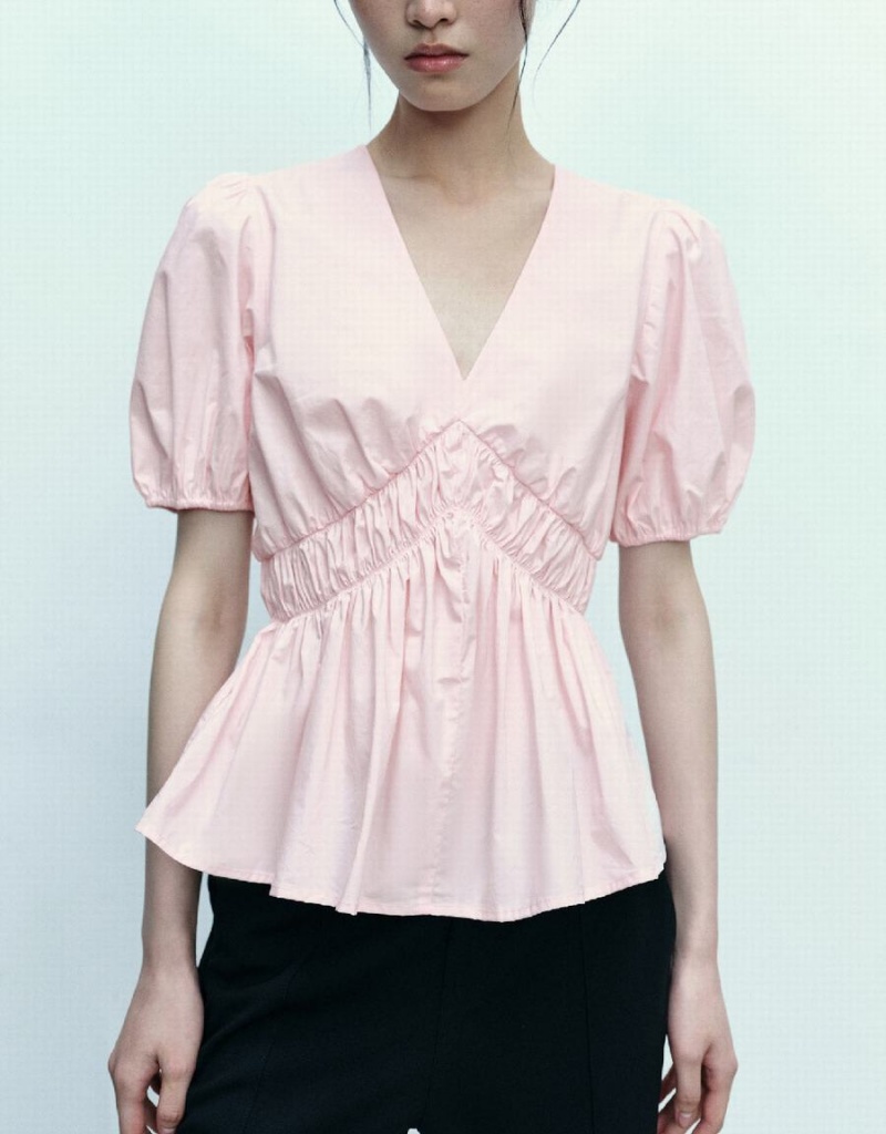 Pink Women's Urban Revivo Puff Sleeve V-Neck Overhead Blouse | YUG5536BL