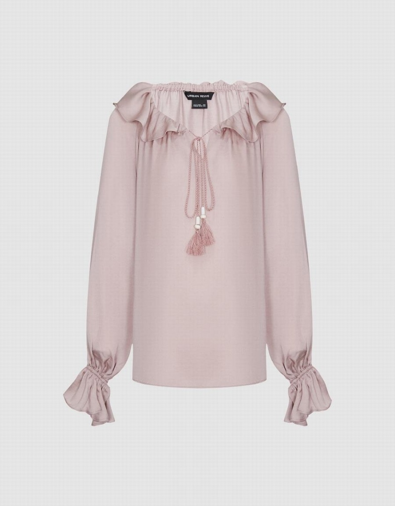 Pink Women's Urban Revivo Raglan Sleeve Ruffle Overhead Blouse | TQD5355BS