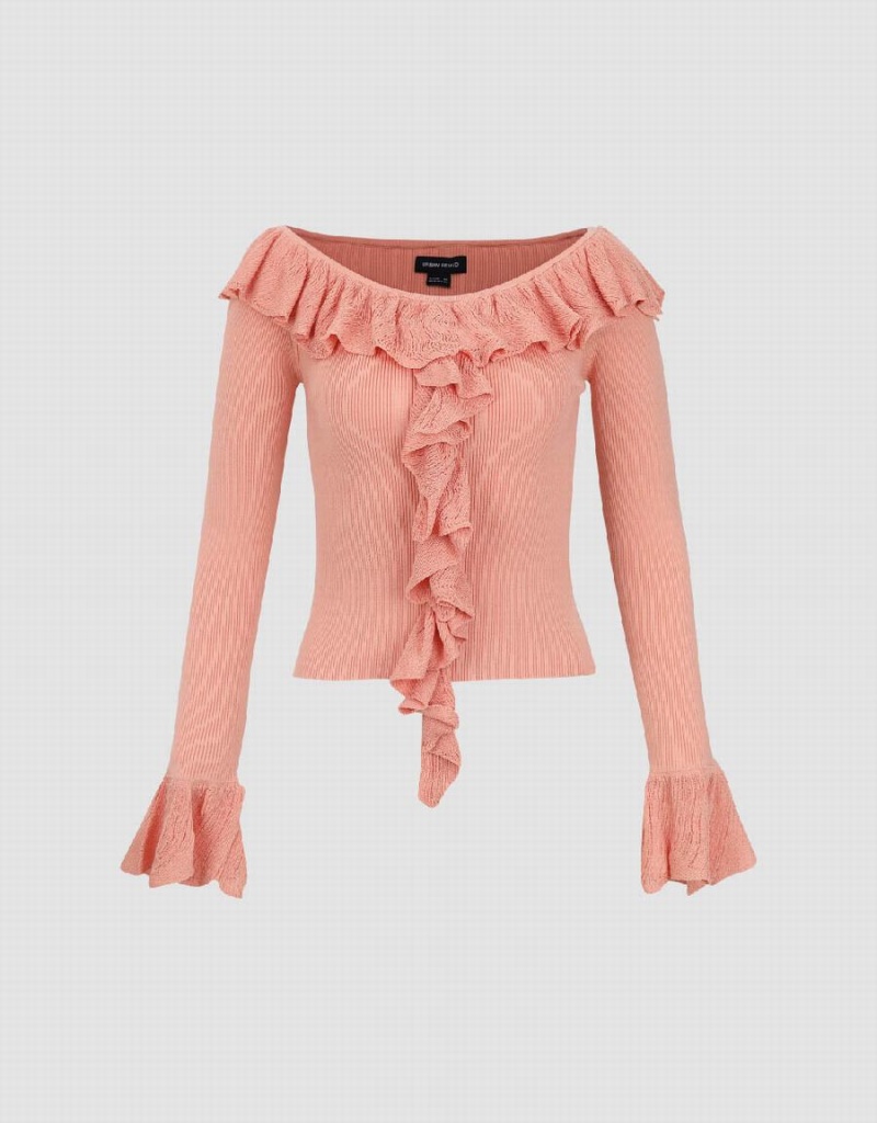 Pink Women's Urban Revivo Raglan Sleeve Ruffle Knitted Cardigan | RGY8074DT