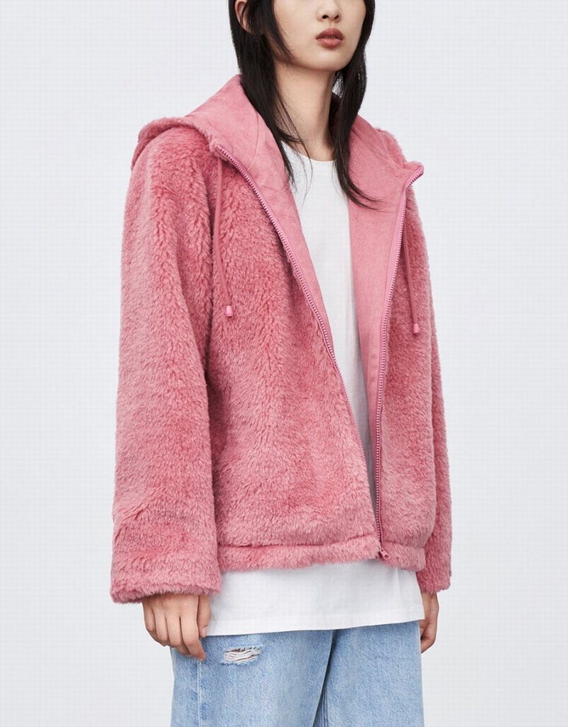 Pink Women's Urban Revivo Raglan Sleeve Zipper Front Furry Jackets | APL9991AZ