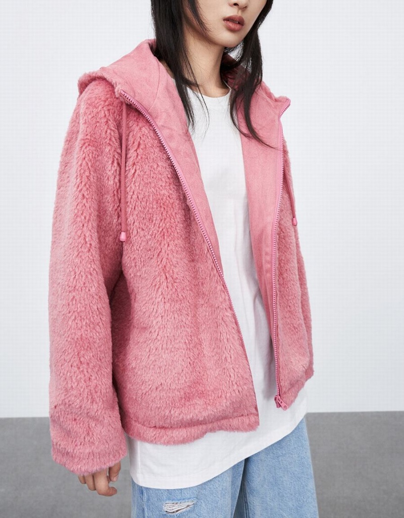 Pink Women's Urban Revivo Raglan Sleeve Zipper Front Furry Jackets | APL9991AZ