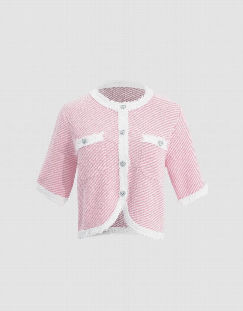 Pink Women's Urban Revivo Raw Hem Crew Neck Knitted Cardigan | CHB2896JZ