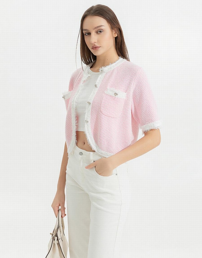 Pink Women's Urban Revivo Raw Hem Crew Neck Knitted Cardigan | CHB2896JZ