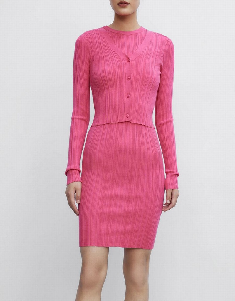 Pink Women's Urban Revivo Ribbed Knit Slinky Bodycon Dress | XAE1328DP