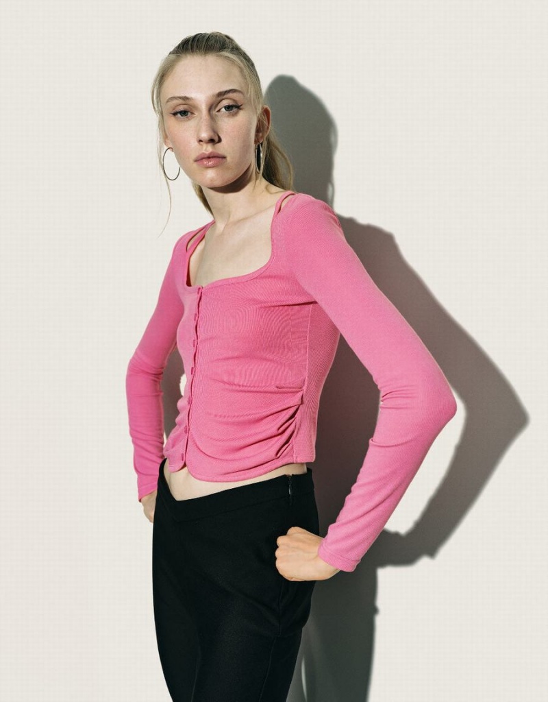 Pink Women's Urban Revivo Ruched Crew Neck Knitted Top Shirts | UPQ5819KL