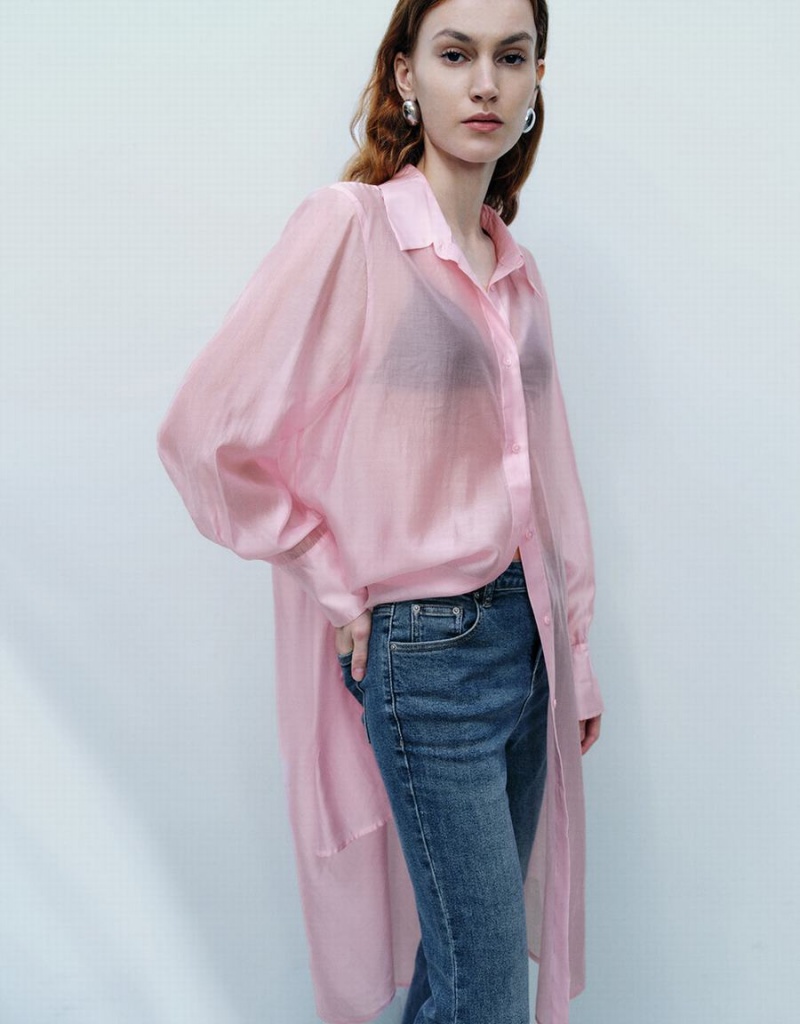 Pink Women's Urban Revivo Sheer Long Straight Shirts | NTW815KR