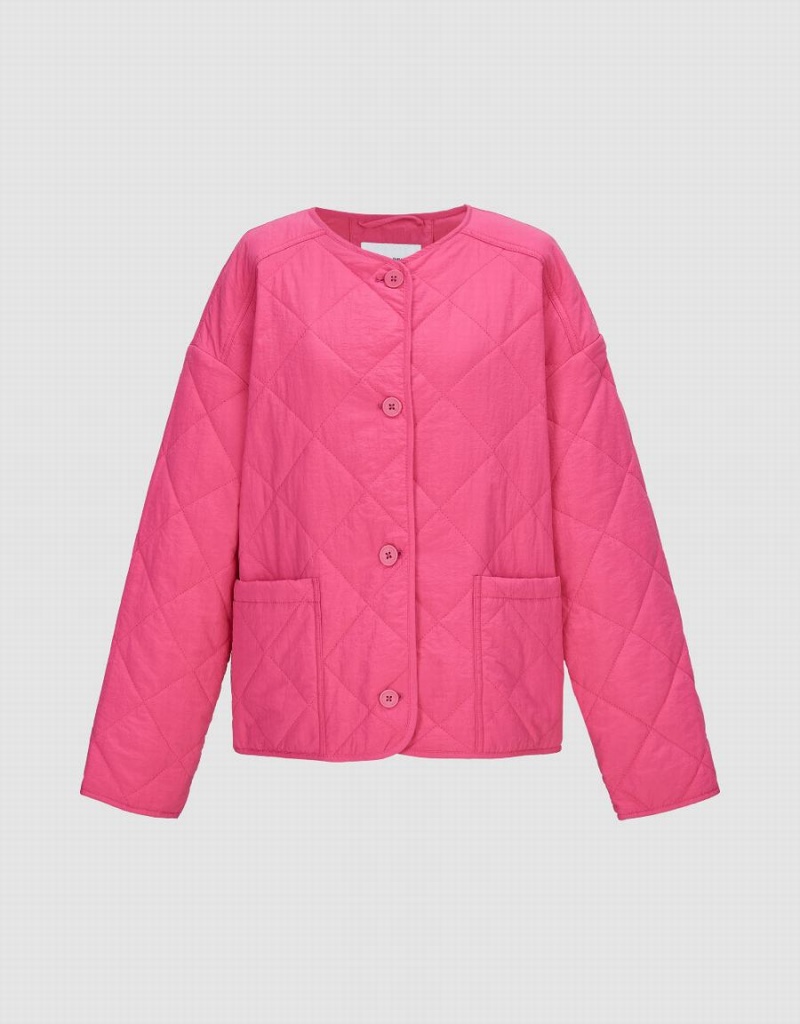 Pink Women's Urban Revivo Standard Sleeve Crew Neck Padded Coats | OZT424TT