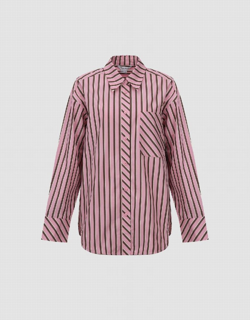 Pink Women's Urban Revivo Striped Button Up Shirts | PBU6693MT