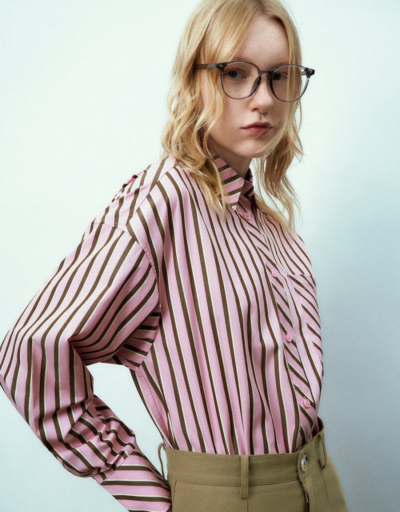 Pink Women's Urban Revivo Striped Button Up Shirts | PBU6693MT