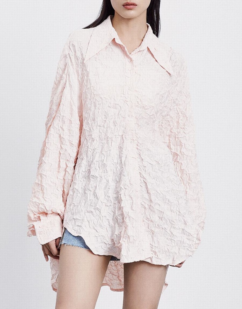 Pink Women's Urban Revivo Textured Long Sleeve Shirts | RUE8650HQ