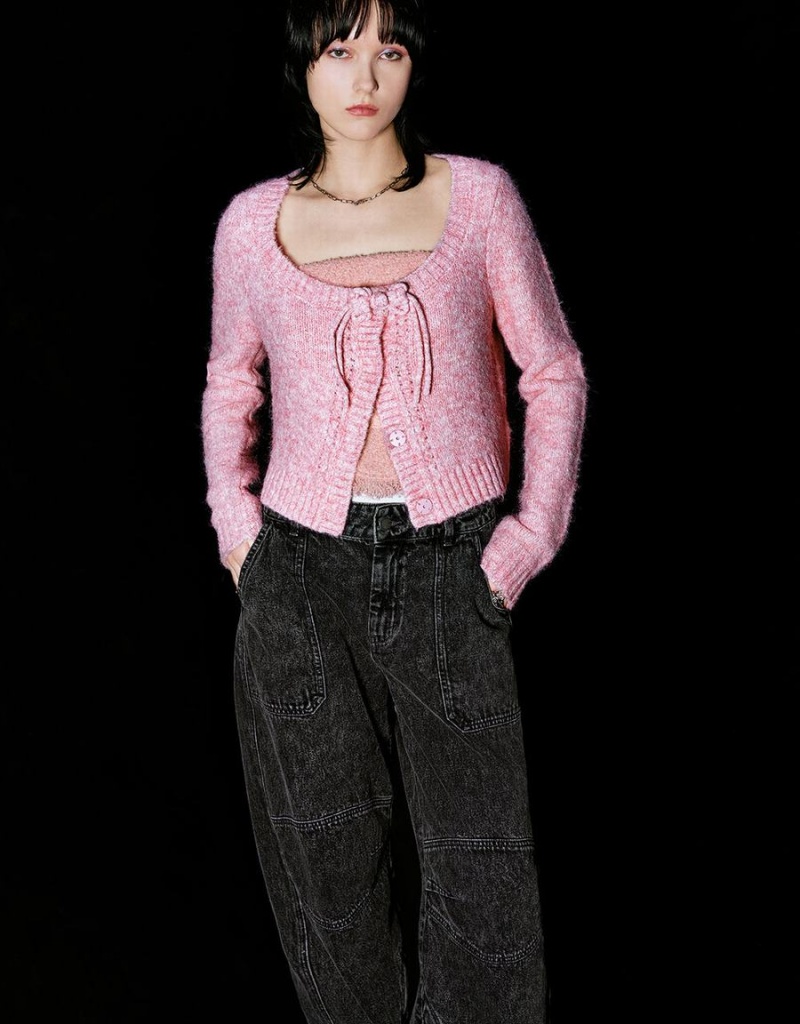 Pink Women's Urban Revivo Tie Front Crew Neck Knitted Cardigan | UNX6360VC