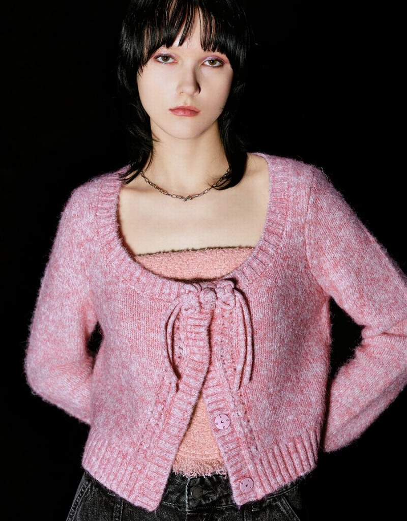 Pink Women's Urban Revivo Tie Front Crew Neck Knitted Cardigan | UNX6360VC