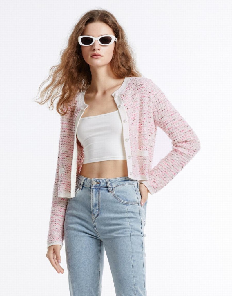 Pink Women's Urban Revivo Tweed Cardigan | RTU759LH