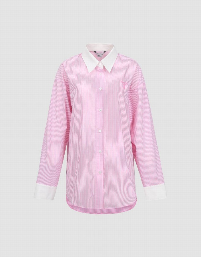 Pink Women's Urban Revivo Two Toned Striped Straight Shirts | VHJ9168KQ