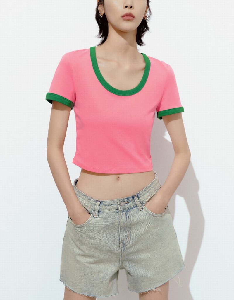 Pink Women's Urban Revivo U Neck Skinny T Shirts | YKN42100GF