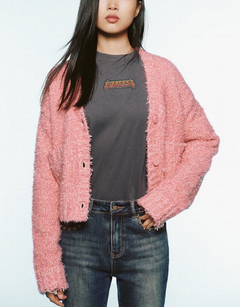 Pink Women's Urban Revivo V-Neck Knitted Cardigan | ZOH5620XU