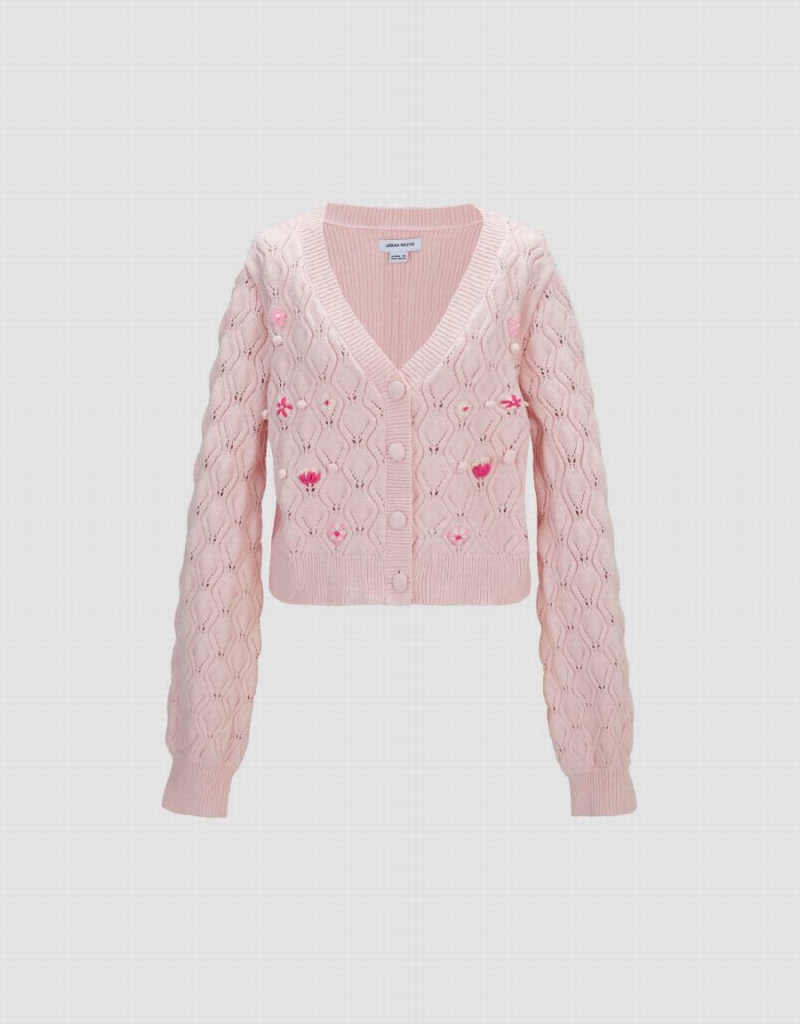 Pink Women's Urban Revivo V-Neck Knitted Cardigan | JIF4117CP