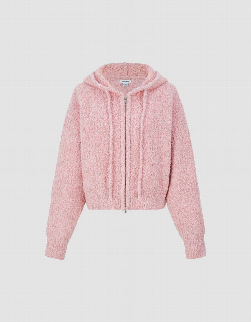 Pink Women's Urban Revivo Zipper Front Hooded Knitted Cardigan | NWW5132DS