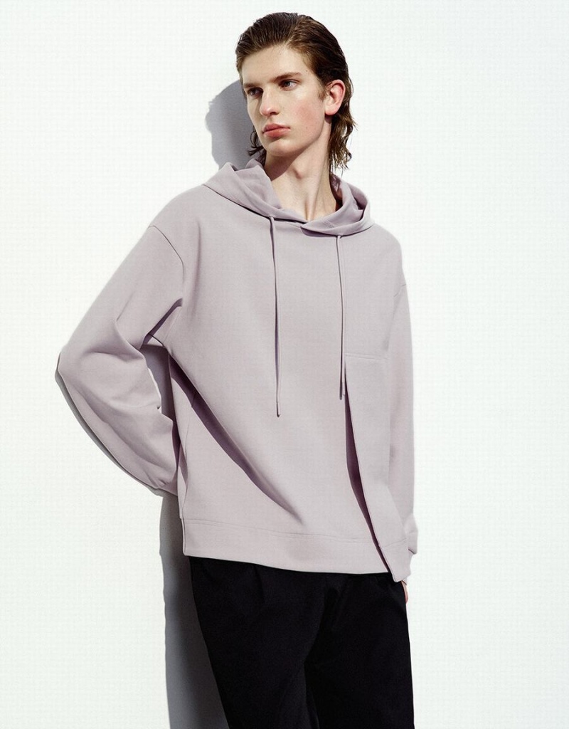 Purple Men's Urban Revivo Hooded Straight Sweatshirts | SHN5390NU