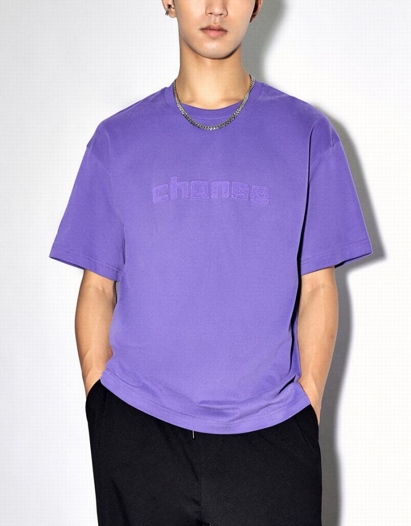 Purple Men's Urban Revivo Letter Embossed Crew Neck T Shirts | WUX5374PI